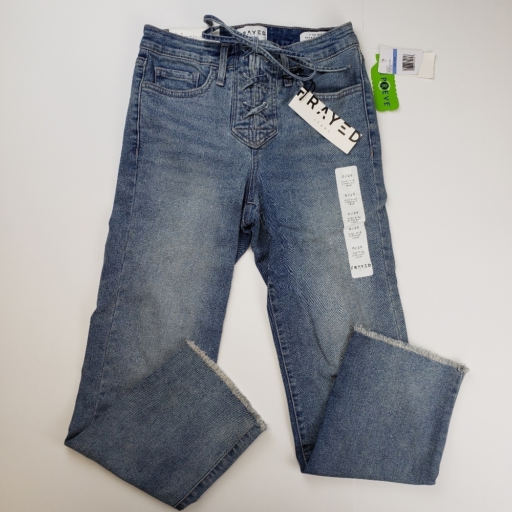 FRAYED brand jeans high rise straight crop lace front size 0 NEW